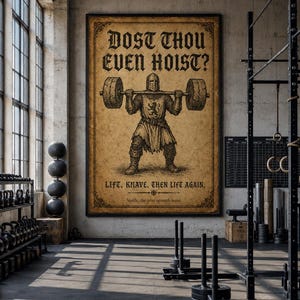 May include: A rectangular wall poster with a vintage parchment-style background featuring a black ink illustration of a knight in armor lifting a barbell. The text reads: DOST THOU EVEN HOIST? LIFT, KNAVE. THEN LIFT AGAIN. Verily, the iron spareth none.