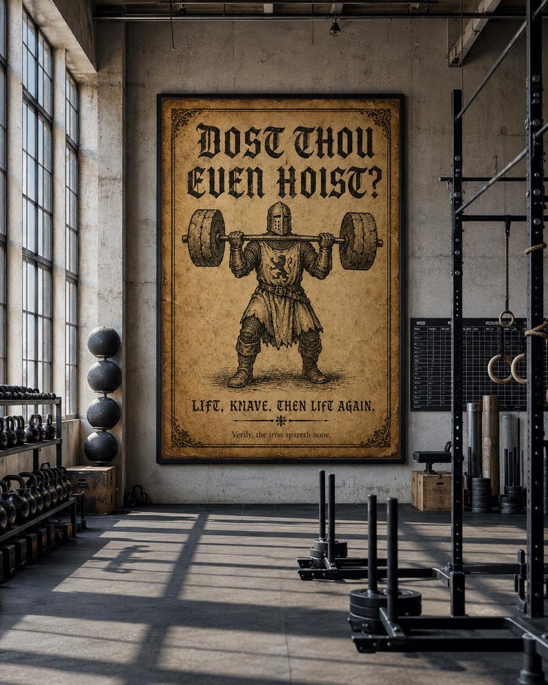 May include: A rectangular wall poster with a vintage parchment-style background featuring a black ink illustration of a knight in armor lifting a barbell. The text reads: DOST THOU EVEN HOIST? LIFT, KNAVE. THEN LIFT AGAIN. Verily, the iron spareth none.