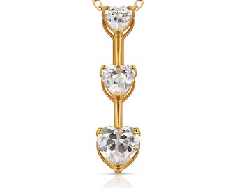 1.50CT Three Stone Pendant Heart Cut Simulated Diamond Solid 14K Yellow/White Gold Charm VVS1
