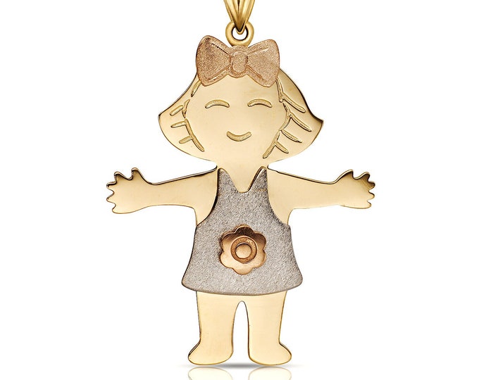 Girl Pendant Solid 14K Yellow/White/Rose Gold Satin Color Design Daughter Granddaughter Charm