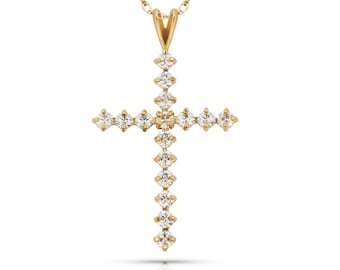 1.00TCW Created Diamond Cross Pendant Solid 14K Yellow/White Gold 32mm Crucifix Charm Round-Cut VVS1