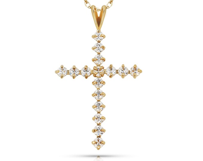 1.00TCW Created Diamond Cross Pendant Solid 14K Yellow/White Gold 32mm Crucifix Charm Round-Cut VVS1