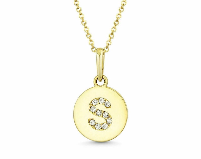 A to Z Initial Pendant Round Created Diamond Solid 14K Yellow Gold Charm 12mm All Letters