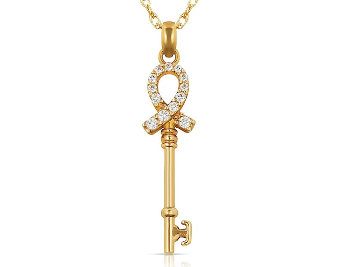 Key Pendant Solid 14K Yellow/White Gold Open Ornate Ribbon Design Cancer Awareness Charm