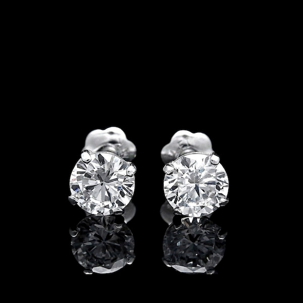 Solid 14K White Gold Earrings 0.25ct-4.00ct Round Man-made Diamond Screw-back Basket Studs All Sizes 3mm-8mm