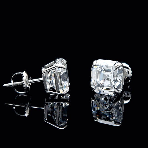 Asscher Cut Moissanite Earrings Solid 14K White Gold Screw-back Square Basket Studs GRA Certified VVS1 (1.50ct-6.00ct) 5mm - 8mm