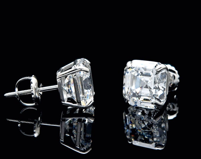 Asscher Cut Created Diamond Earrings Solid 14K White Gold Screw-back Square Basket Studs VVS1 (1.50ct-6.00ct) 5mm - 8mm
