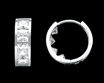 2CT Princess Cut Created Diamond Earrings Solid 14K White Gold Channel Set Huggie Hoops