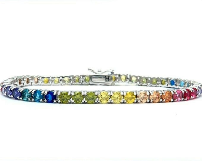 4mm Rainbow Tennis Bracelet Solid 925 Sterling Silver 10TCW Brilliant Gemstone 7" Multi-Color Gold Tone