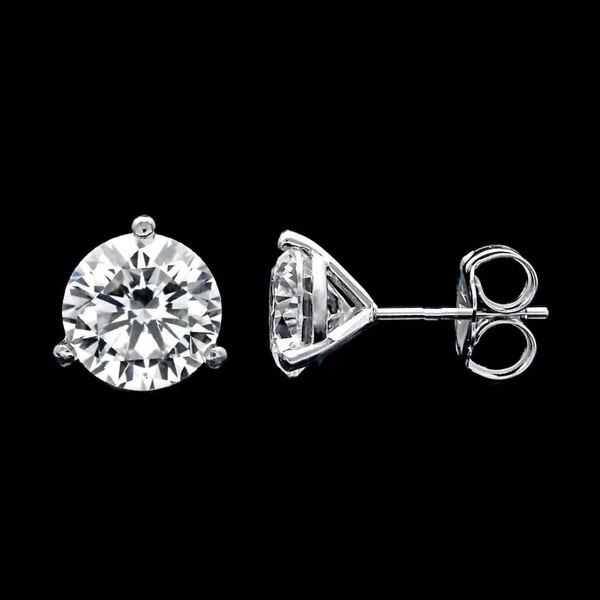 1ct-4ct Moissanite Earrings Round Cut VVS1 Martini 3-Prong Solid 14K White Gold 585 Push-back Solitaire Studs 5/6/7/8mm