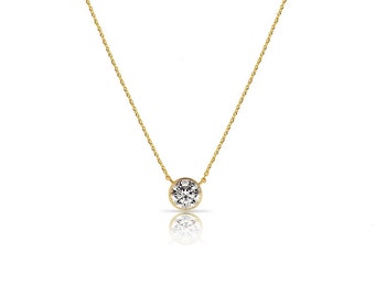 1.00CT Created Diamond Round Bezel Love Necklace 16"-18" Chain Solid 14k Yellow/White/Rose Gold