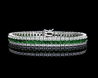 15TCW Princess Cut Green Emerald Round Created Diamond Tennis Bracelet 7" Solid 925 Sterling Silver 8mm