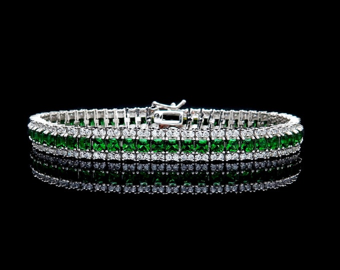 15TCW Princess Cut Green Emerald Round Created Diamond Tennis Bracelet 7" Solid 925 Sterling Silver 8mm