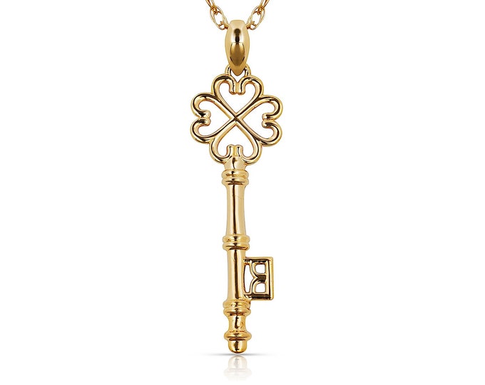 Skeleton Key Pendant Solid 14K Yellow/White Gold Open Ornate Design Charm