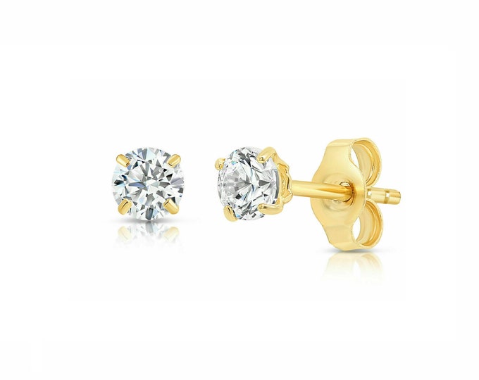 Solid 14K Yellow Gold Earrings 0.50ct Round Man-made Diamond Basket Studs VVS1 4mm