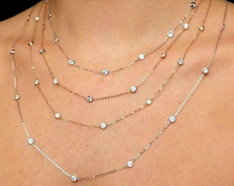 3.00tcw Created Diamond Tennis Station Necklace Yard Bezel Chain Solid 14k Yellow/White/Rose Gold 16"/18"/20"/24"/26"/30"