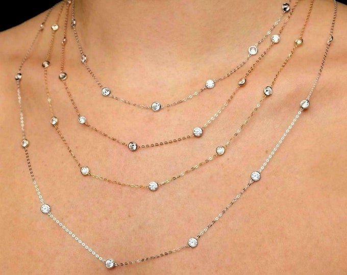 3.00tcw Created Diamond Tennis Station Necklace Yard Bezel Chain Solid 14k Yellow/White/Rose Gold 16"/18"/20"/24"/26"/30"