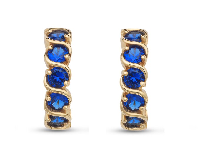 1.25ct Blue Sapphire Round Huggie Earrings 14K Yellow/White Gold Eternity Hoops