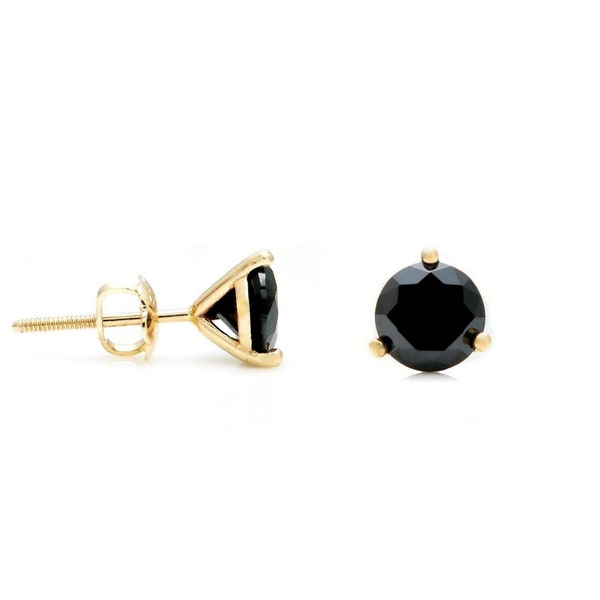 1ct-4ct Round Black Created Diamond Martini 3-Prong Earrings Solid 14K Yellow Gold 585 Screw-back Basket Studs 5/6/7/8mm