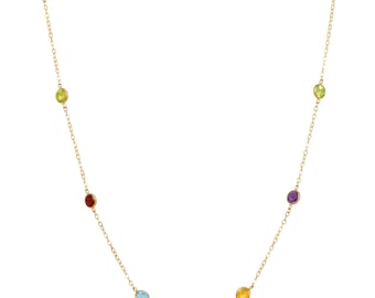3.00tcw Created Gemstone Multi-Color Tennis Station Necklace Yard Bezel Chain Solid 14k Yellow/White/Rose Gold 16"/18"/20"/24"/26"/30"