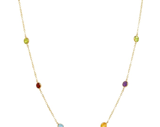 3.00tcw Created Gemstone Multi-Color Tennis Station Necklace Yard Bezel Chain Solid 14k Yellow/White/Rose Gold 16"/18"/20"/24"/26"/30"