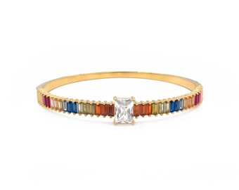 Rainbow Bangle Bracelet 925 Sterling Silver 12TCW Brilliant Multi-Color Emerald Cut Gemstone & Created Diamond