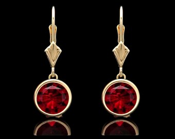 1CT Ruby Bezel Leverback Earrings Solid 14K White/Yellow Gold Round Dangle Studs All 12 Birtstone Colors