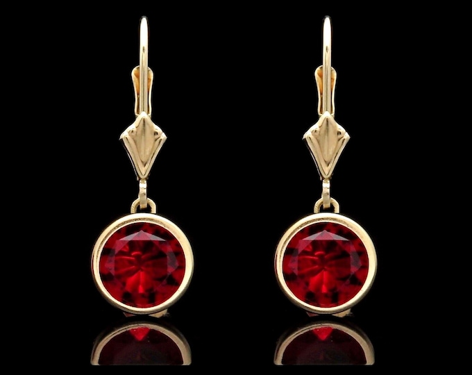 1CT Ruby Bezel Leverback Earrings Solid 14K White/Yellow Gold Round Dangle Studs All 12 Birtstone Colors