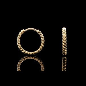 Solid 14K Yellow/White Gold Rope Huggie Earrings Twisted Hoops 14mm