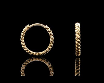 Solid 14K Yellow/White Gold Rope Huggie Earrings Twisted Hoops 14mm