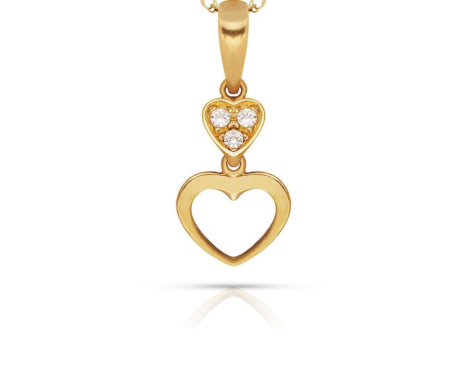 Open Heart Pendant Round Simulated Diamond Charm Solid 14K Yellow/White Gold