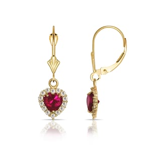 1.00TCW Halo Heart Ruby & Round Cut Created Diamond Earrings Solid 14K Yellow/White Gold Lever-back Dangling Huggie