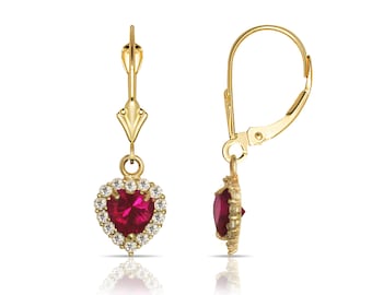 1.00TCW Halo Heart Ruby & Round Cut Created Diamond Earrings Solid 14K Yellow/White Gold Lever-back Dangling Huggie