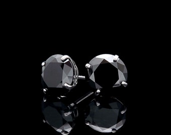Solid 14K White Gold Earrings 2.00ct Round Black Created Diamond Push-back Basket Studs VVS1