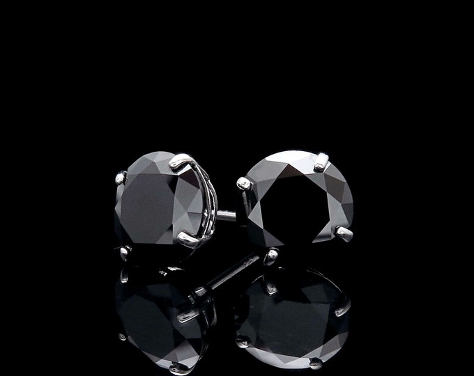 Solid 14K White Gold Earrings 2.00ct Round Black Created Diamond Push-back Basket Studs VVS1