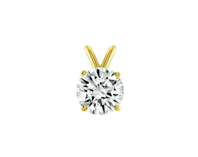 Round Solitaire Created Diamond Pendant Solid 14K Yellow Gold Round Charm All Sizes 3mm-10mm