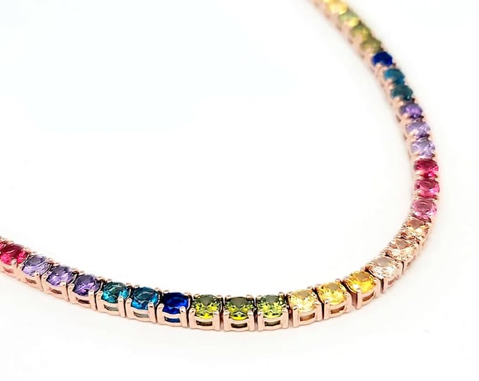 4mm Rainbow Tennis Necklace 14K Rose Gold Over Solid 925 Sterling Silver 24TCW Brilliant Created Gemstone 20" Multi-Color Chain