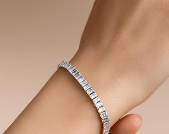 Tennis Bracelet Solid 925 Sterling Silver 6.00TCW Emerald Cut Created Diamonds 6"/6.5"/7"