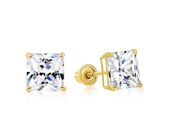 Princess Cut Created Diamond Earrings Solid 14K Gold Square Basket Screwback Studs VVS1 All Sizes 0.36ct-8.00ct (3mm-10mm) Men's Womens Gift