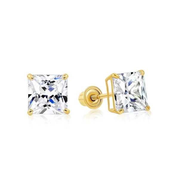 Princess Cut Created Diamond Earrings Solid 14K Gold Square Basket Screwback Studs VVS1 All Sizes 0.36ct-8.00ct (3mm-10mm) Men's Womens Gift