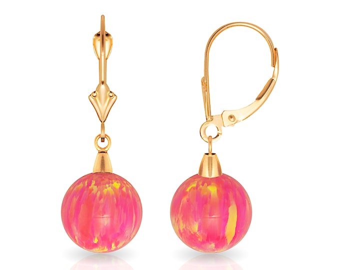 Pink Opal Earrings Solid 14K Yellow/White Gold Lever-back 8mm Ball Huggie Large