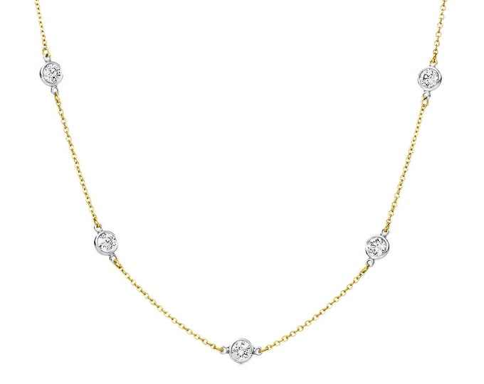 3.00tcw Created Diamond Tennis Station Necklace Yard Bezel Chain Solid 14k Yellow & White Gold 16"/18"/20"/24"/26"/30"
