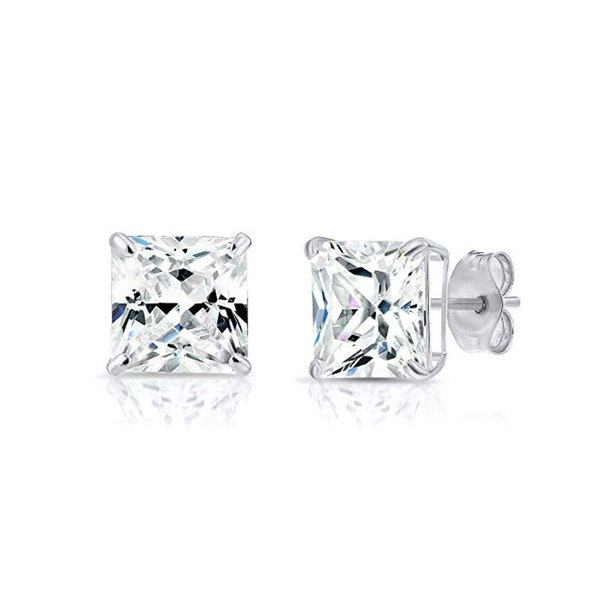 Solid 14K White/ Yellow Gold Earrings Princess Created Diamond Square Basket Studs VVS1 All Sizes 3mm-10mm