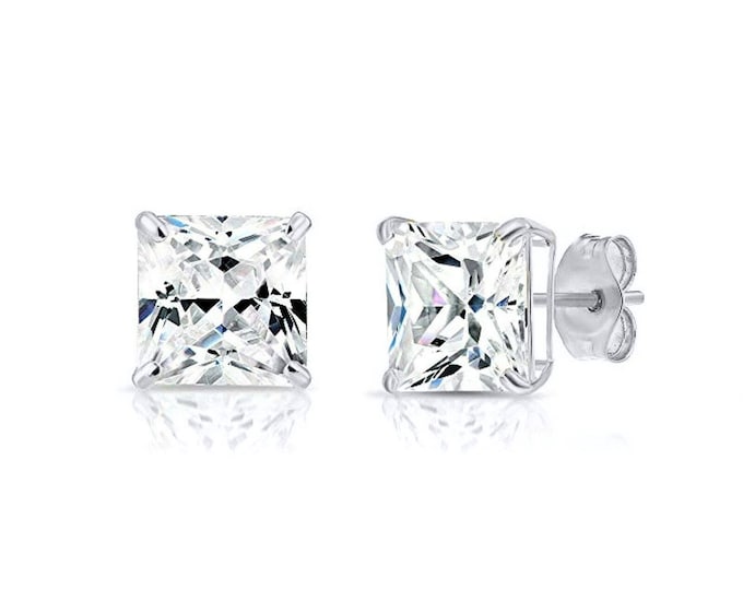 Solid 14K White/ Yellow Gold Earrings Princess Created Diamond Square Basket Studs VVS1 All Sizes 3mm-10mm