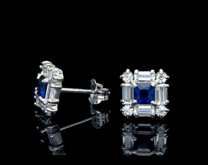 Solid 14K White Gold Earrings 1.00ct Princess Sapphire Round Baguette Created Diamond Square Cluster Studs