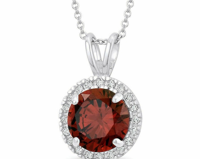 1.50tcw Created Red Garnet & Diamond Halo Pendant Solid 14K White Gold Round Charm