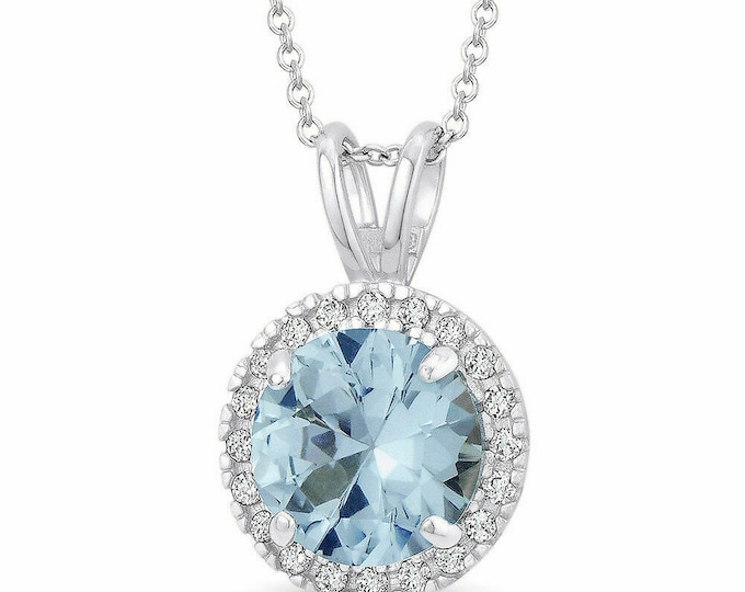 1.50tcw Created Aquamarine & Diamond Halo Pendant Solid 14K White Gold Round Charm