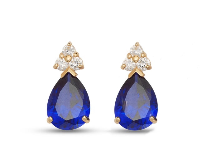 2.00ct Pear Cut Blue Sapphire Round Created Diamond Studs 14K Yellow/White Gold Teardrop Earrings