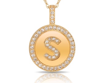 Solid 14K Yellow/White Gold Initial Pendant Round Created Diamond Simulants All Letters A-Z Halo Design Charm
