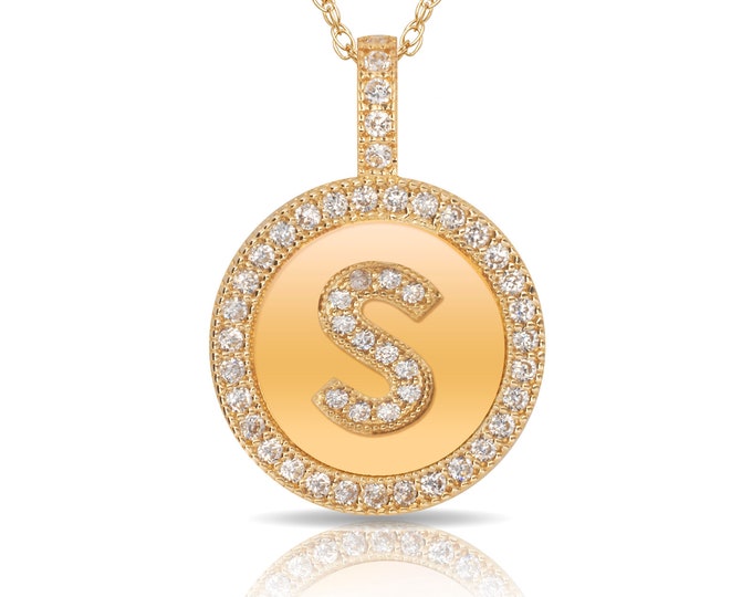 Solid 14K Yellow/White Gold Initial Pendant Round Created Diamond Simulants All Letters A-Z Halo Design Charm